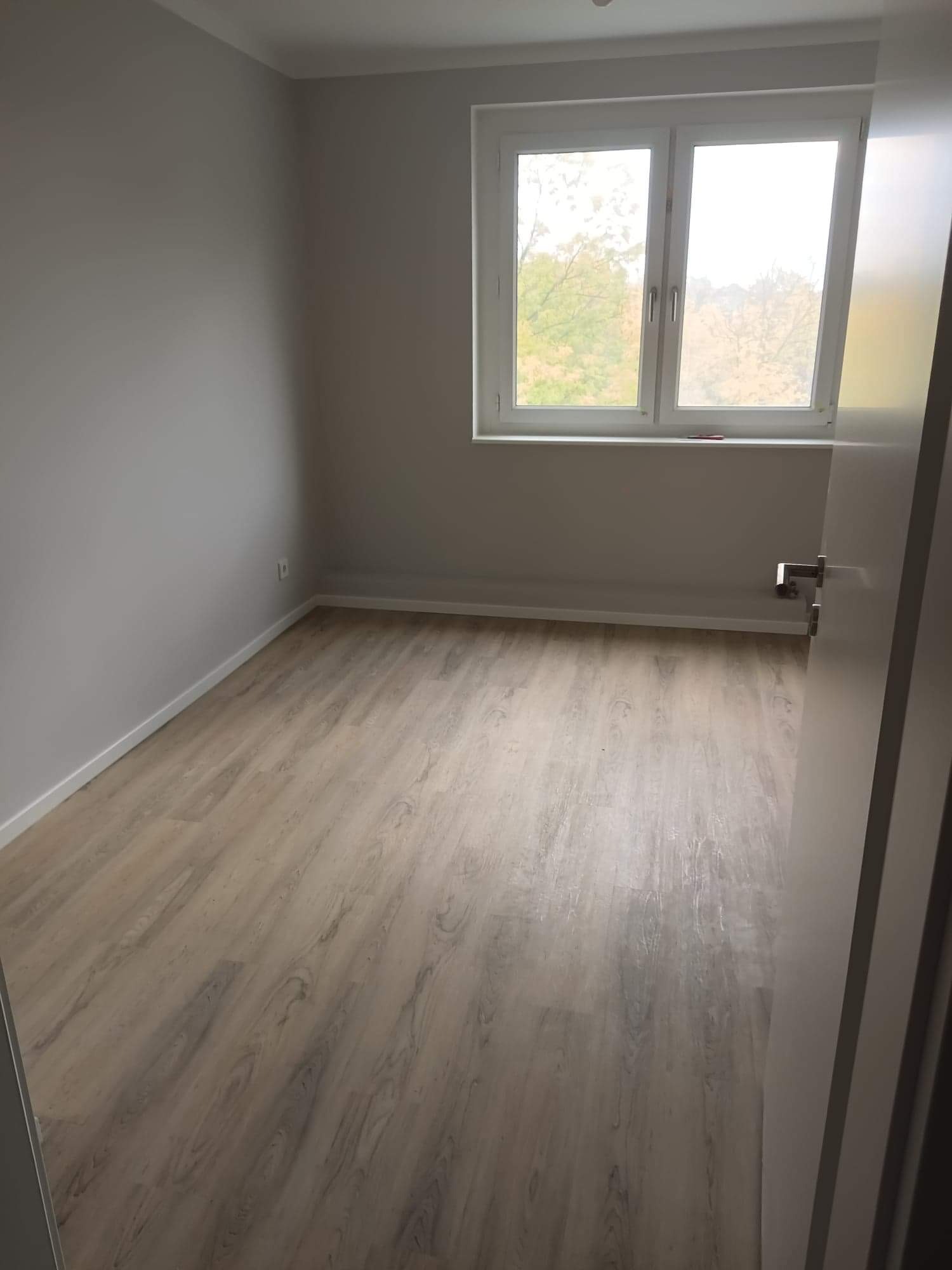 Pusty pokój z panelami podłogowymi w odcieniach beżu i szarości, szare ściany, białe listwy przypodłogowe i okno z widokiem na drzewa bez liści za szybą, uchylone drzwi po prawej stronie.