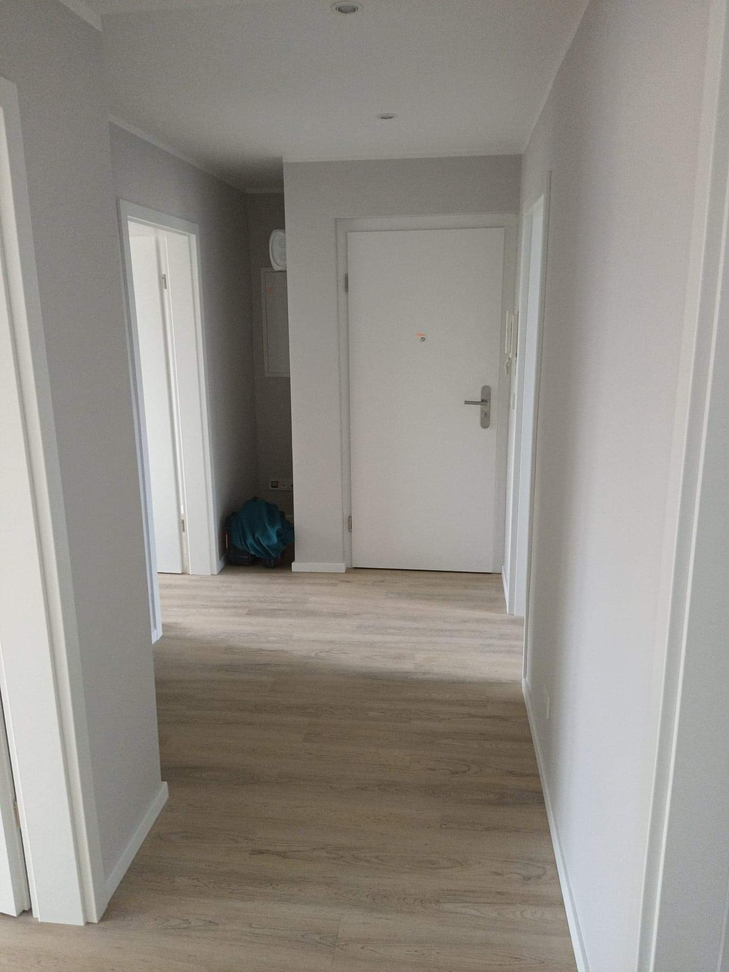 Wnętrze korytarza z drewnopodobną podłogą, białymi ścianami i drzwiami, widok na schowek z niebieskim workiem w tle.