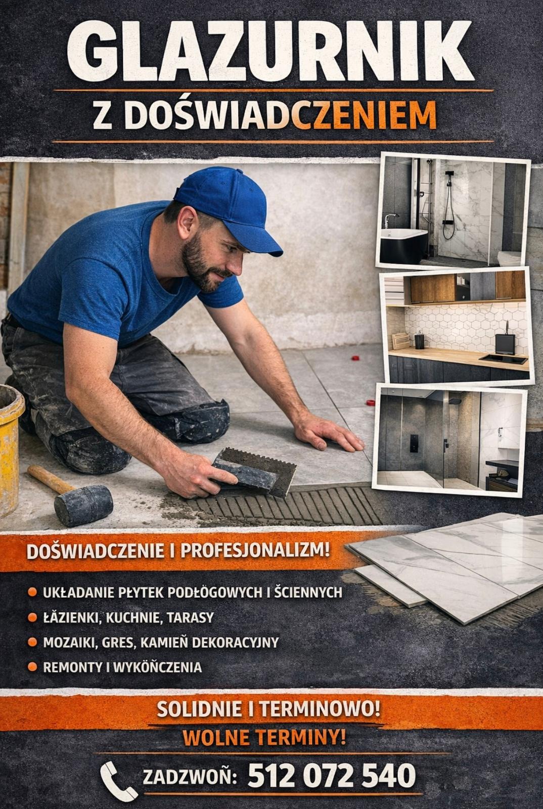 Mężczyzna w niebieskiej koszulce układa szare płytki, używając kielni z ząbkami. W tle zdjęcia łazienki i kuchnie po remoncie. Reklama usług.