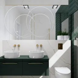 Nowoczesna łazienka z dwoma okrągłymi umywalkami na ciemnozielonej szafce, marmurowe ściany i podłoga, kabina prysznicowa z zielonymi płytkami ułożonymi w jodełkę, okrągłe lustra z podświetleniem LED.