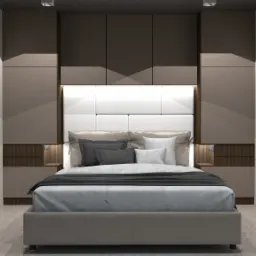 Nowoczesna sypialnia z podświetlanym zagłówkiem, szarą pościelą i abstrakcyjnym obrazem na ścianie, oświetlenie punktowe.