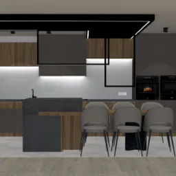 Wizualizacja nowoczesnej kuchni z wyspą i stołem jadalnym, szare krzesła, drewniane akcenty, oświetlenie LED pod szafkami, gitara na ścianie.