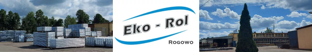 Sztaple ocynkowanych, metalowych paneli ogrodzeniowych na placu składowym, logo firmy Eko-Rol Rogowo w centralnej części zdjęcia.