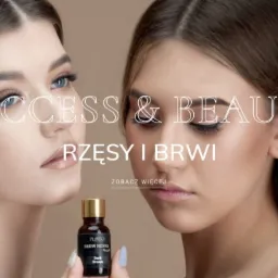 Portret dwóch kobiet z makijażem brwi i rzęs, trzymających buteleczkę henny do brwi w odcieniu Dark Brown, z napisem 'Success & Beauty' oraz 'Rzęsy i Brwi'.