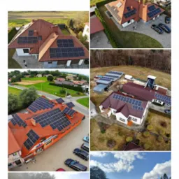 Zestawienie zdjęć z drona przedstawiających instalacje paneli słonecznych na dachach domów jednorodzinnych i budynków komercyjnych w różnych lokalizacjach.