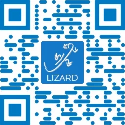 Niebieski kod QR z logo firmy LIZARD w centrum, przedstawiającym stylizowaną sylwetkę jaszczurki.