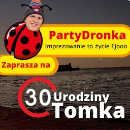 Fox Art - Grafika zapraszająca na 30 urodziny Tomka, z motywem biedronki z twarzą i napisem PartyDronka na tle morza o zachodzie słońca.