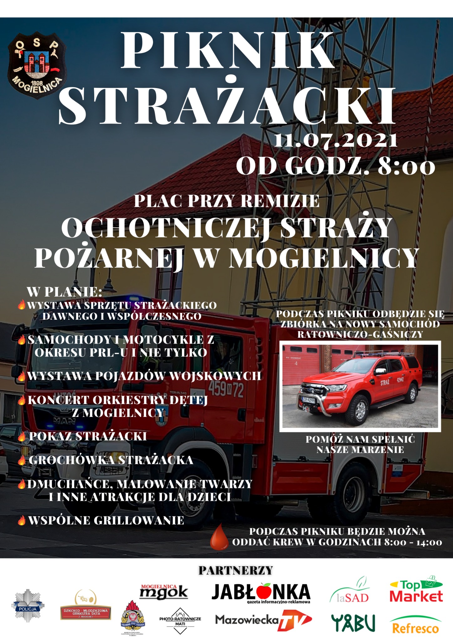 Plakat informujący o pikniku strażackim w Mogielnicy, 11 lipca 2021, z elementami graficznymi w postaci wozów strażackich i logo sponsorów.