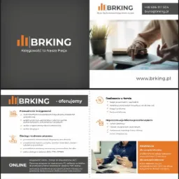 Kolaż reklamowy biura rachunkowego BRKING, prezentujący zakres usług, dane kontaktowe i promocje dla klientów.