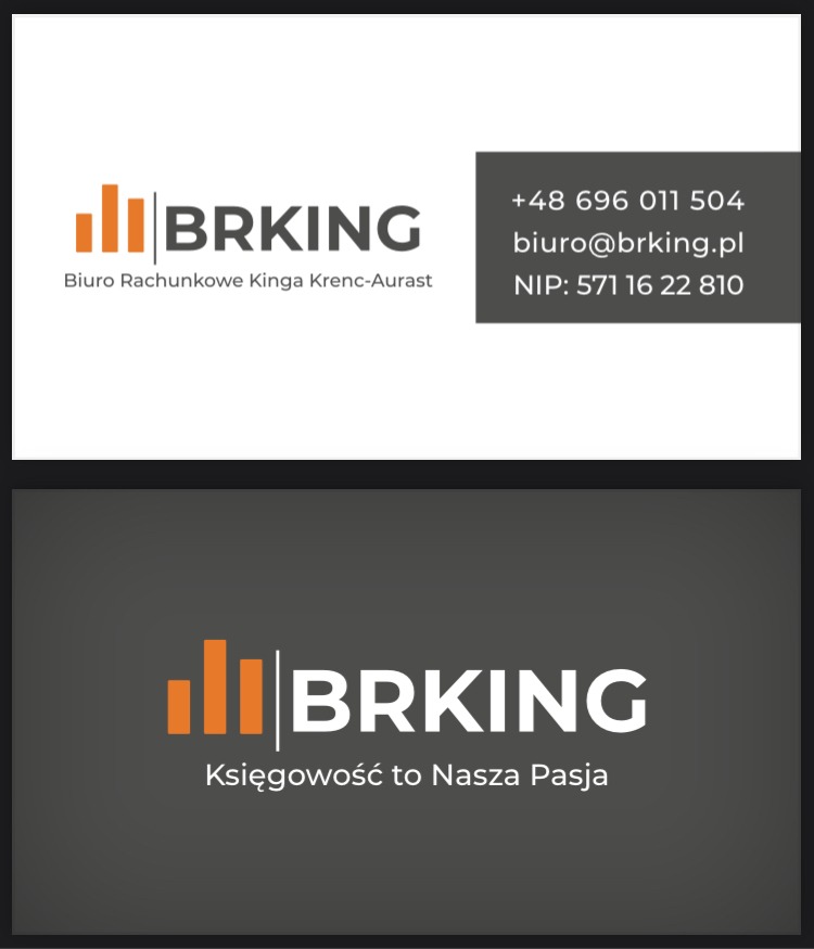 Wizytówka i logo biura rachunkowego BRKING z Olsztyna, z hasłem 'Księgowość to Nasza Pasja' i danymi kontaktowymi.