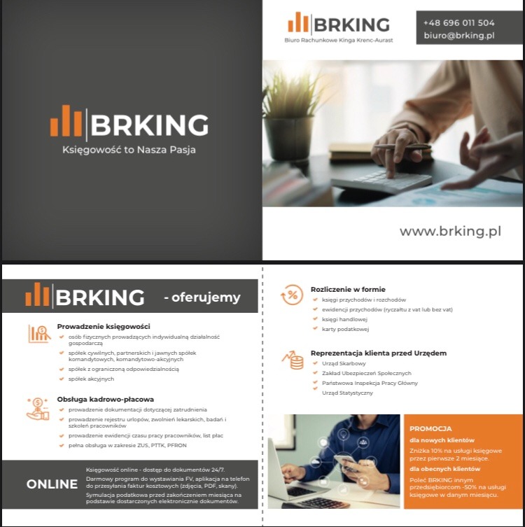 Kolaż reklamowy biura rachunkowego BRKING, prezentujący zakres usług, dane kontaktowe i promocje dla klientów.
