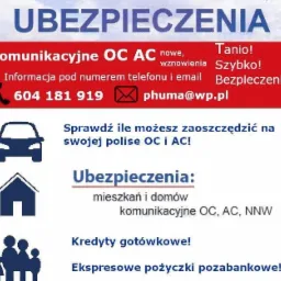 Ogłoszenie o ubezpieczeniach komunikacyjnych OC i AC, mieszkań i domów, kredytach gotówkowych i ekspresowych pożyczkach pozabankowych z numerem telefonu i adresem email.