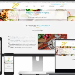 Responsywny układ strony internetowej o tematyce dietetycznej wyświetlany na monitorze, tablecie i smartfonie, prezentujący elastyczność projektu i dostosowanie do różnych urządzeń.