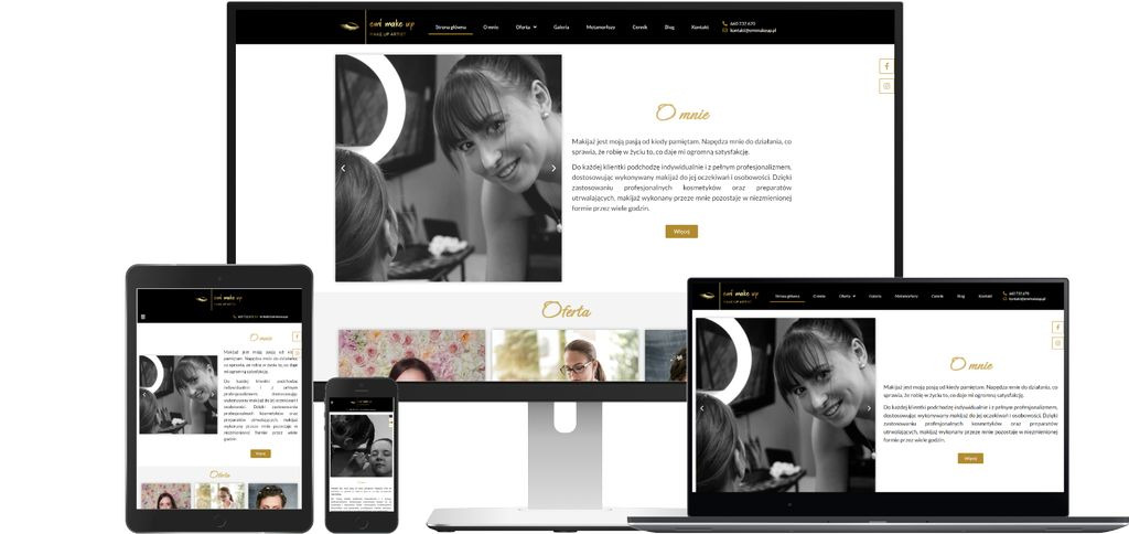 Responsywna strona internetowa na różnych urządzeniach (monitor, laptop, tablet, smartfon) prezentująca portfolio makijażystki, w odcieniach bieli i złota, z czarno-białym zdjęciem kobiety...