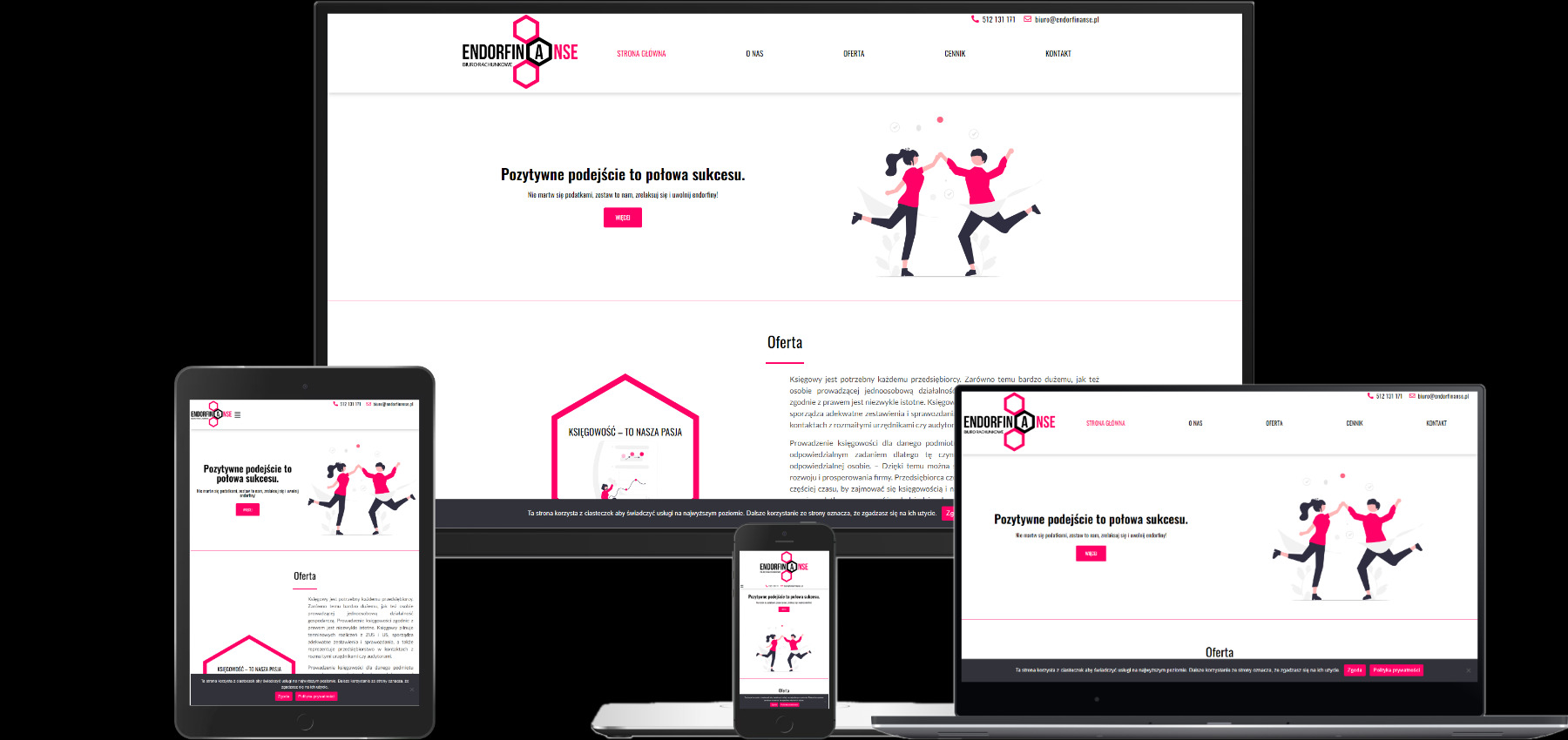 Responsywna strona internetowa firmy na różnych urządzeniach: laptop, tablet i smartfon, prezentująca identyczny interfejs z elementami graficznymi i tekstem.