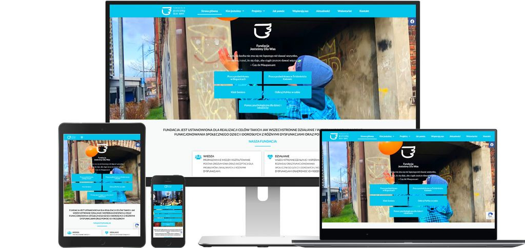 Responsywna strona internetowa fundacji wyświetlana na monitorze, laptopie, tablecie i smartfonie, prezentująca miejski krajobraz z graffiti w tle.