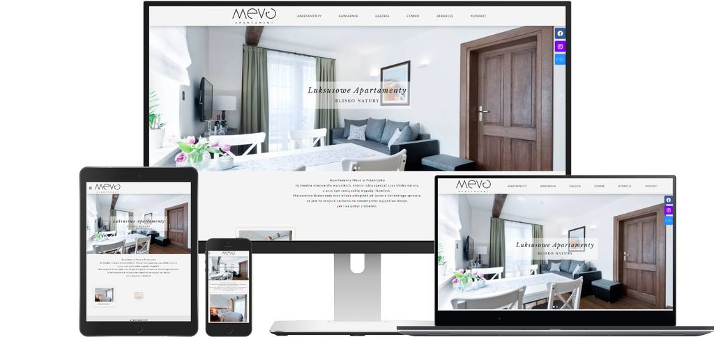 Responsywna strona internetowa z widokiem wnętrza apartamentu, wyświetlana na monitorze, laptopie, tablecie i smartfonie.
