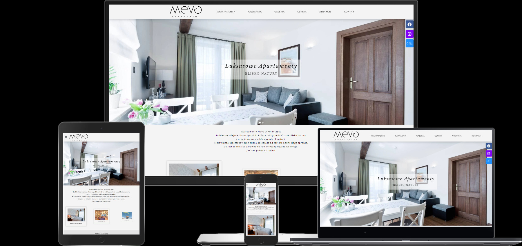 Responsywna strona internetowa apartamentów Mevo wyświetlana na laptopie, tablecie i smartfonie, prezentująca wnętrze z drewnianymi elementami i tekstem 'Luksusowe Apartamenty Blisko Natury'.