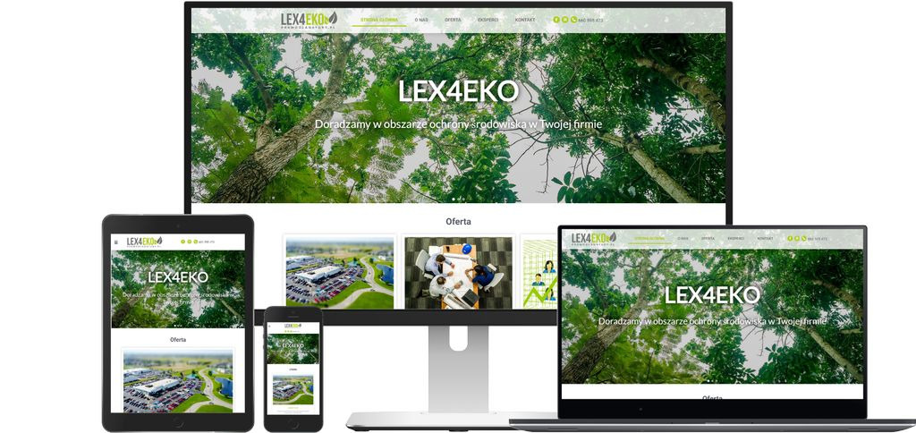 Responsywny design strony internetowej Lex4Eko prezentowany na monitorze, laptopie, tablecie i smartfonie. Motywem przewodnim jest zdjęcie drzewa z dołu, z zielonymi liśćmi i logotypem firmy.