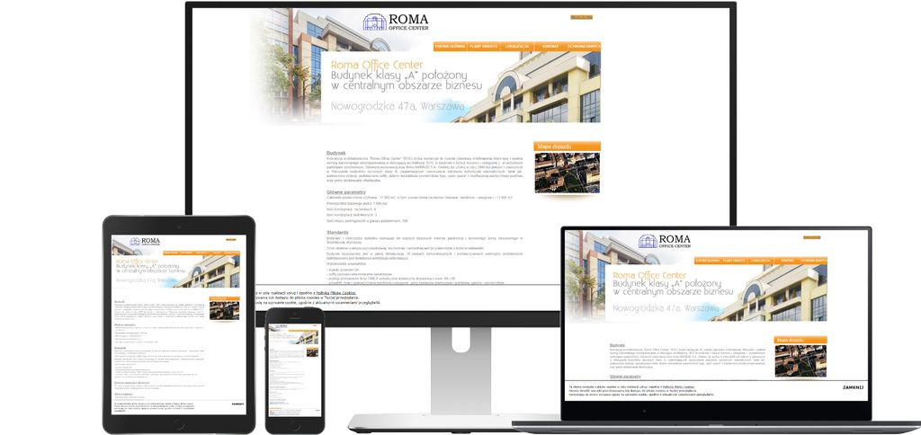 Responsywna strona internetowa Roma Office Center wyświetlana na monitorze, laptopie, tablecie i smartfonie na białym tle.