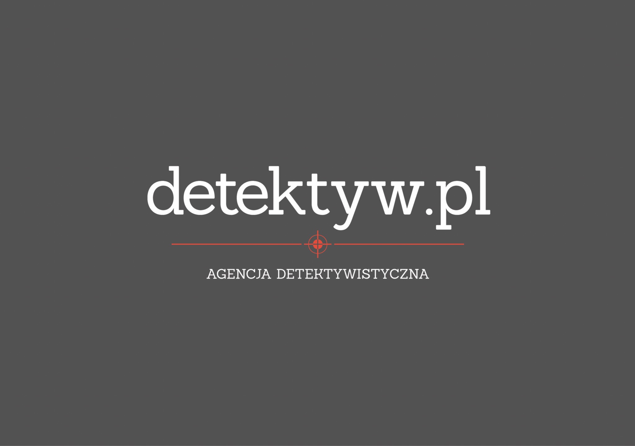 Logo agencji detektywistycznej z adresem strony internetowej detektyw.pl, podkreślone czerwoną linią z celownikiem pośrodku, na szarym tle.
