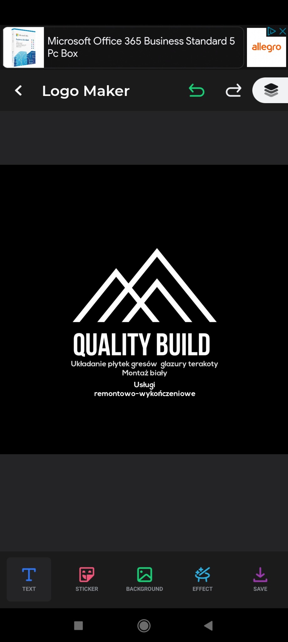 Logo firmy remontowo-wykończeniowej Quality Build z trzema białymi trójkątami symbolizującymi góry, nad napisem 'QUALITY BUILD' oraz tekstem 'Układanie płytek gresów glazury terakoty Montaż biały...