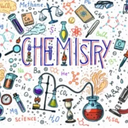 Ilustracja przedstawiająca różnorodne symbole i naczynia laboratoryjne związane z chemią, w tym probówki, kolby, mikroskop, wagi, modele cząsteczek oraz napisy z nazwami pierwiastków i związków...