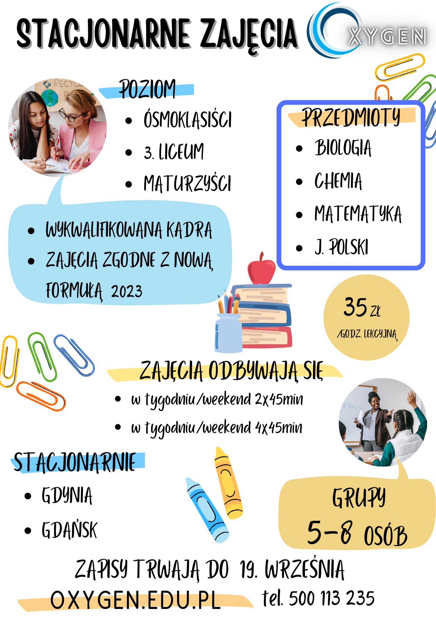 Grafika reklamowa stacjonarnych zajęć edukacyjnych z biologii, chemii, matematyki i języka polskiego, skierowanych do ósmoklasistów, licealistów i maturzystów w Gdyni i Gdańsku, prowadzonych przez...