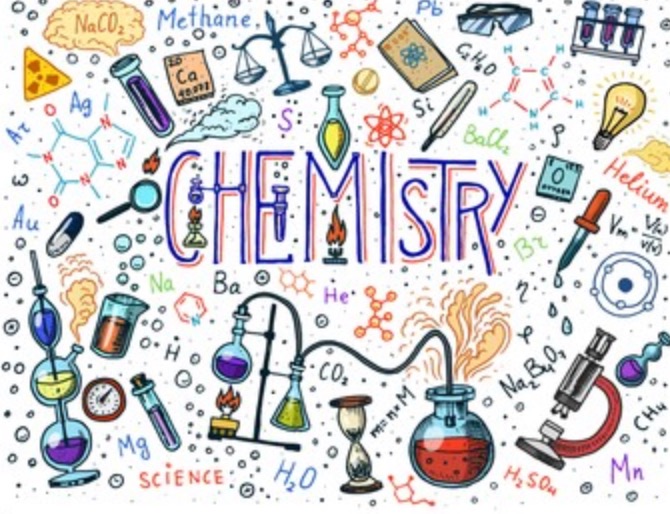 Ilustracja przedstawiająca różnorodne symbole i naczynia laboratoryjne związane z chemią, w tym probówki, kolby, mikroskop, wagi, modele cząsteczek oraz napisy z nazwami pierwiastków i związków...