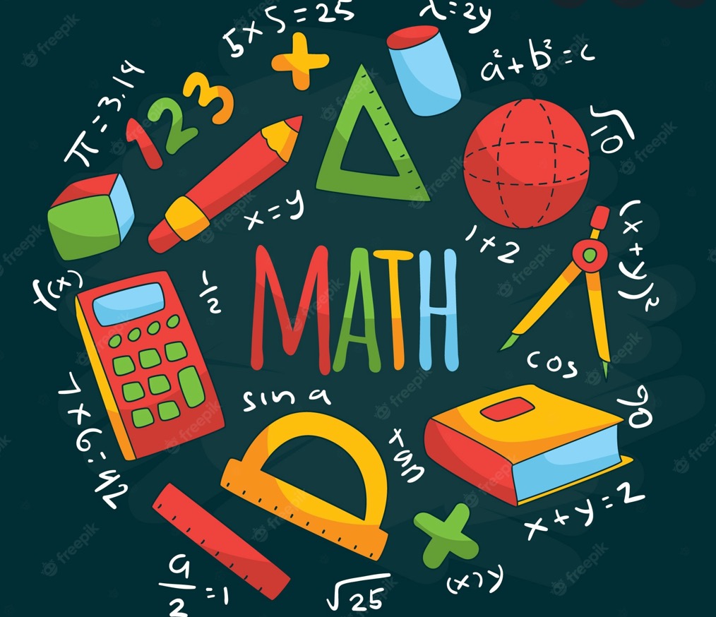 Ilustracja przedstawiająca kolorowe ikony i wzory matematyczne, takie jak kalkulator, linijka, cyrkiel, książka, ołówek, figury geometryczne oraz równania, na ciemnym tle.