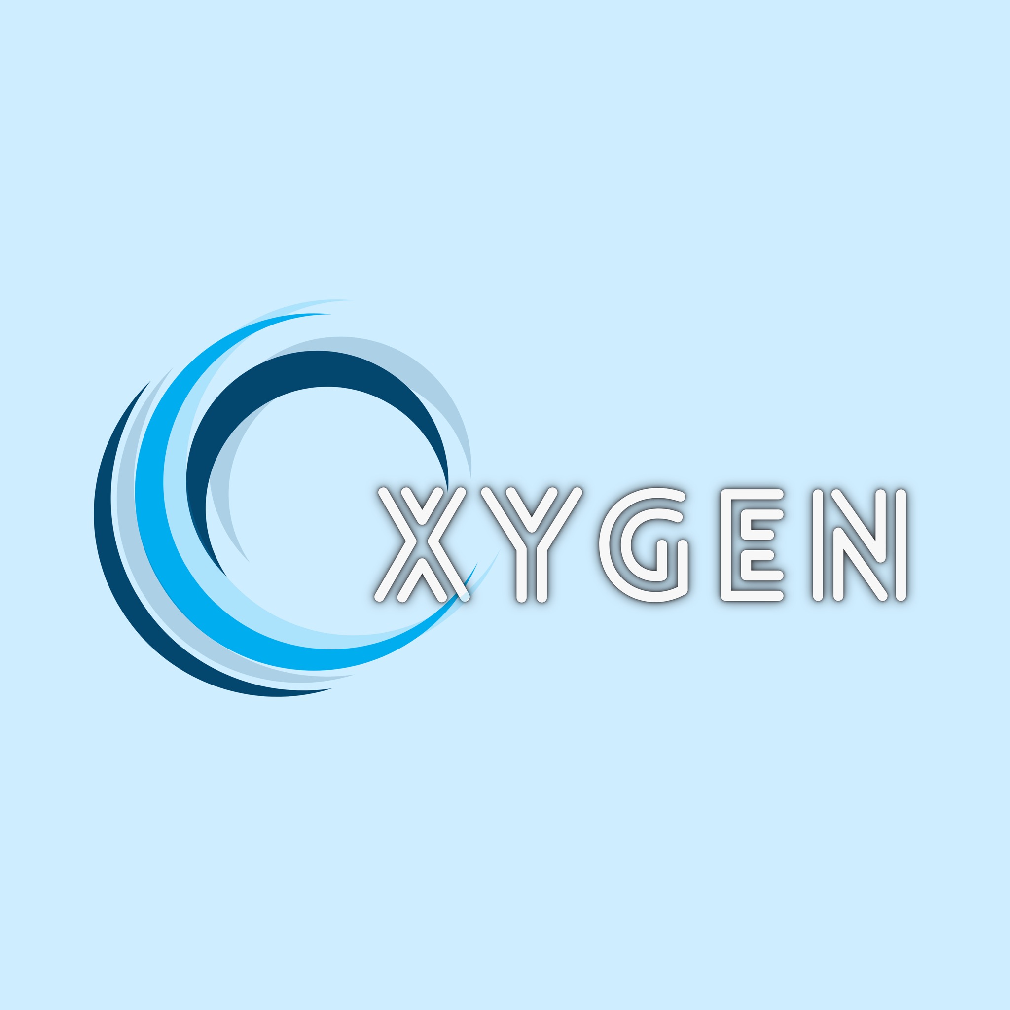Logo firmy z nazwą 'XYGEN' w białej obwódce, obok stylizowany symbol graficzny z trzech niebieskich łuków na jasnoniebieskim tle.