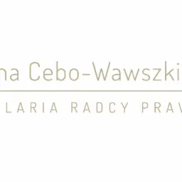 Eleganckie logo Kancelarii Radcy Prawnego Joanna Cebo-Wawszkiewicz w odcieniach beżu na białym tle, z minimalistycznym symbolem graficznym po lewej stronie.