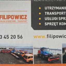 Filipowicz Sp zoo - Wizytówka firmy Filipowicz-Trans z ofertą utrzymania dróg, transportu i usług sprzętowych. Na dole zdjęcia sprzętu: wykop, flota pojazdów, pług śnieżny i traktor.