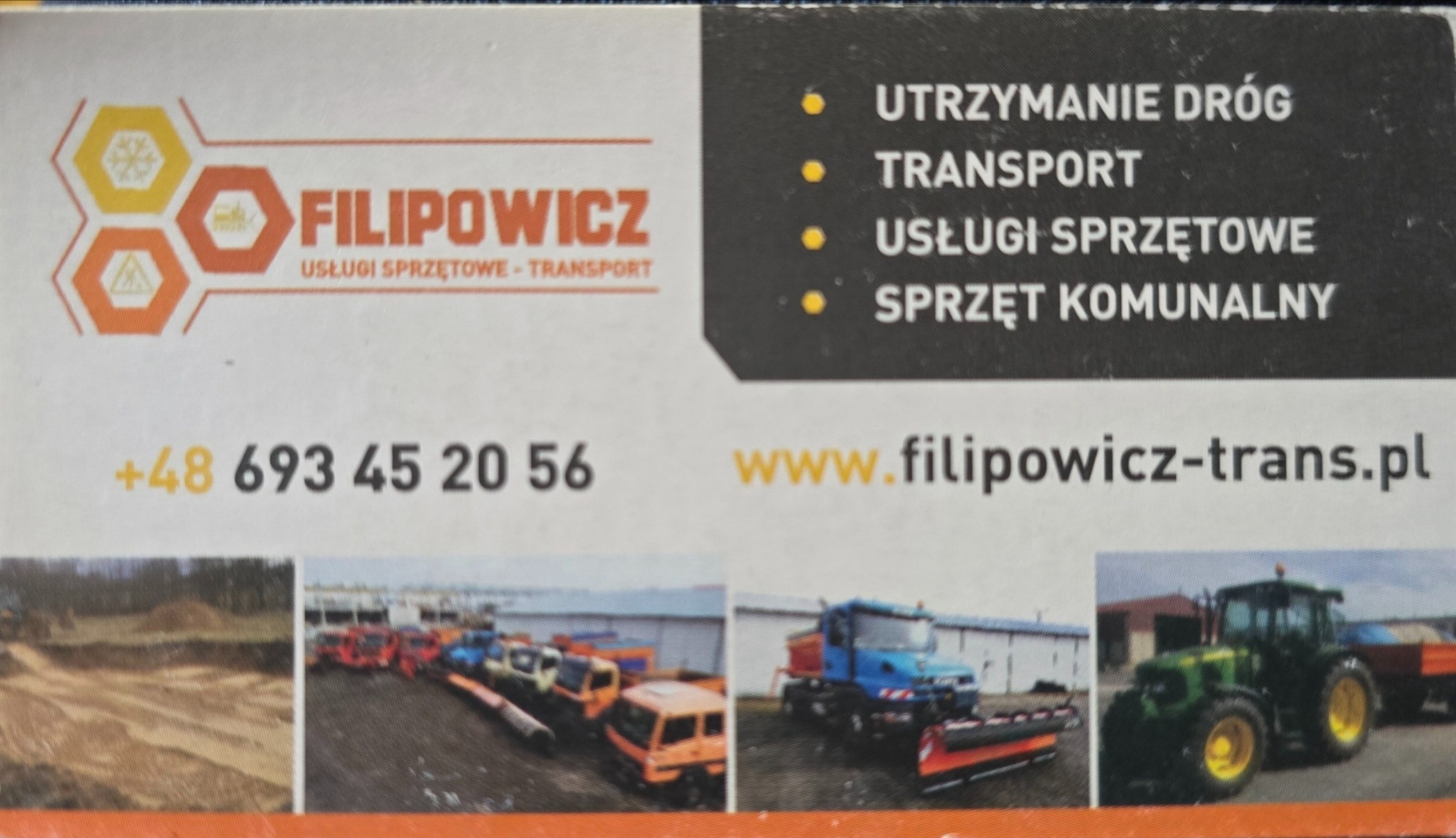 Wizytówka firmy Filipowicz-Trans z ofertą utrzymania dróg, transportu i usług sprzętowych. Na dole zdjęcia sprzętu: wykop, flota pojazdów, pług śnieżny i traktor.