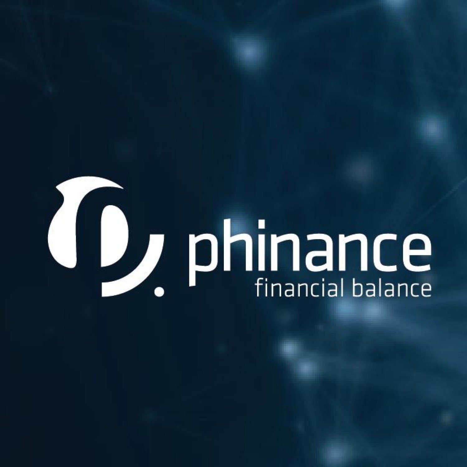 Logo firmy 'phinance' z hasłem 'financial balance' na abstrakcyjnym, rozmytym tle w odcieniach granatu i błękitu z subtelnymi efektami świetlnymi.