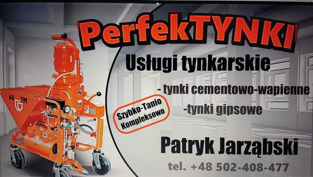 Grafika reklamowa firmy tynkarskiej: pomarańczowa maszyna do tynkowania na tle tekstu z nazwą firmy 'Perfekt TYNKI', informacją o usługach tynkarskich, rodzajach tynków (cementowo-wapienne, gipsowe...