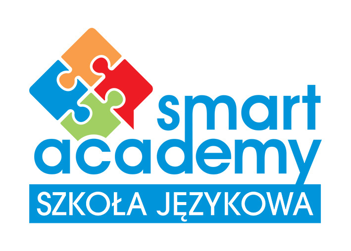 Logo szkoły językowej Smart Academy z czterema puzzlami w kolorach pomarańczowym, czerwonym, niebieskim i zielonym, oraz niebieskim napisem 'Smart Academy' i 'Szkoła Językowa' w prostokątnej ramce.