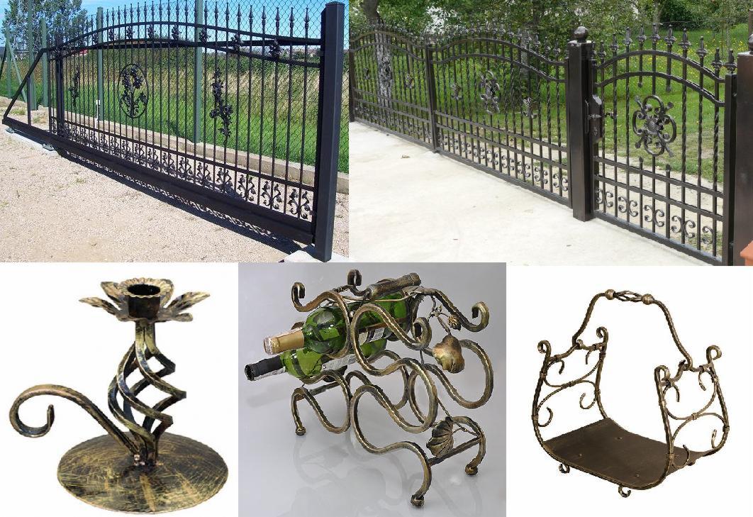 Kompozycja zdjęć: brama przesuwna z kutymi zdobieniami, brama skrzydłowa z ornamentami, świecznik z metaloplastyki, stojak na wino z kutymi elementami, kosz na drewno kominkowe z metalu.