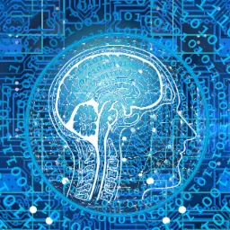 Schemat obwodu drukowanego z nałożonym konturem głowy i mózgu wypełnionym cyfrowym kodem binarnym, symbolizujący sztuczną inteligencję lub integrację systemów IT.