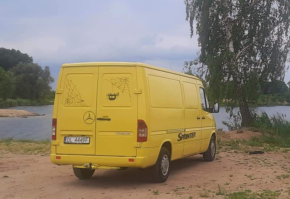 Żółty bus marki Mercedes Sprinter z naklejkami pajęczyn na tylnych drzwiach, zaparkowany na piaszczystym brzegu jeziora, widok z tyłu.