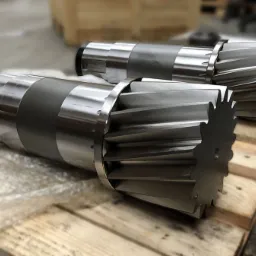 Dwa metalowe frezy modułowe, ułożone na drewnianej palecie, z widocznymi ostrzami i centralnym otworem mocującym.