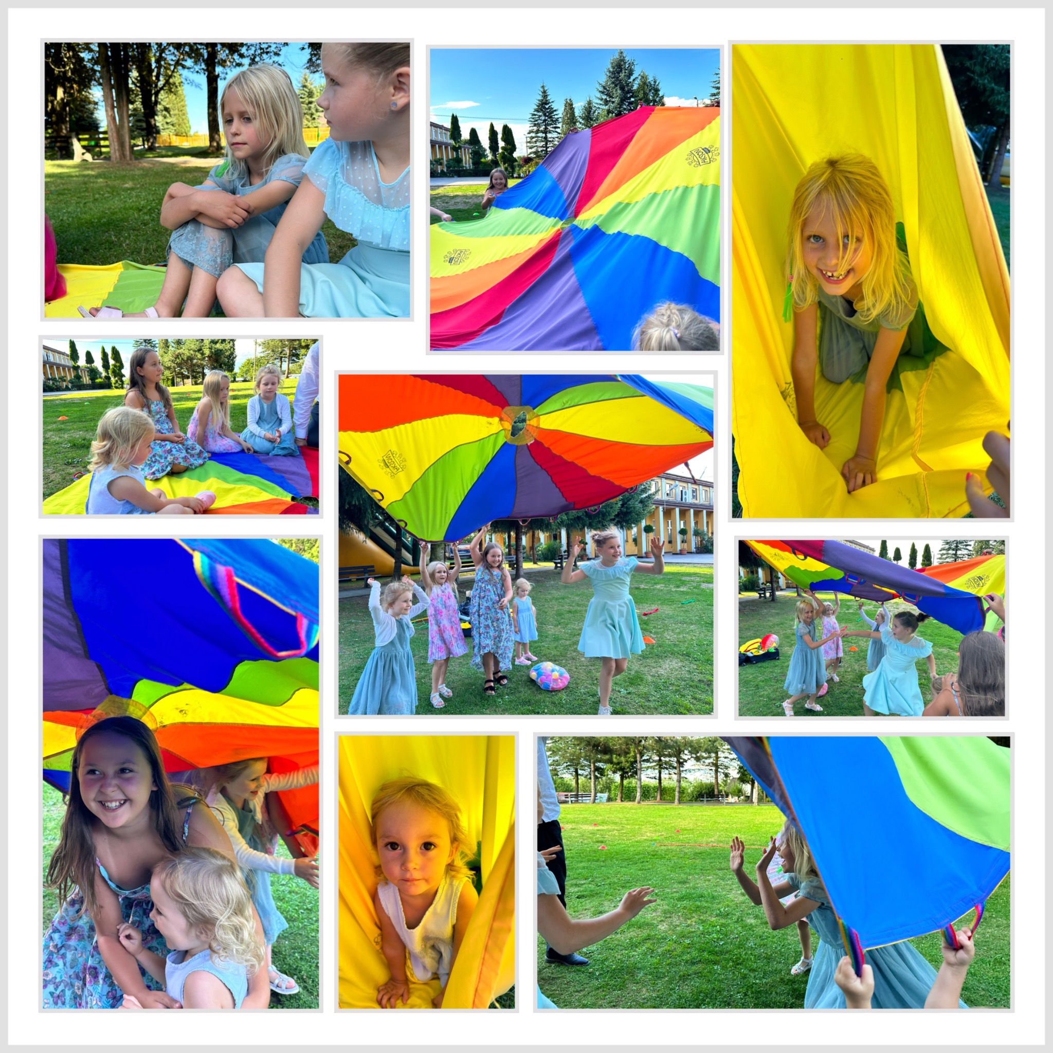 Kolaż zdjęć z zabawy dzieci na trawie z kolorową chustą animacyjną, w tle budynek i drzewa.