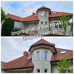 Alprem - Dwukadrowa prezentacja domu z czerwoną dachówką po renowacji, widoczna drabina oparta o ścianę, zieleń wokół budynku i tekst reklamowy nałożony na zdjęcie.