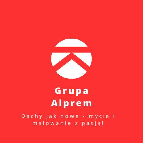 Logo firmy Grupa Alprem na czerwonym tle, z białym symbolem dachu w okręgu i hasłem 'Dachy jak nowe - mycie i malowanie z pasją!'
