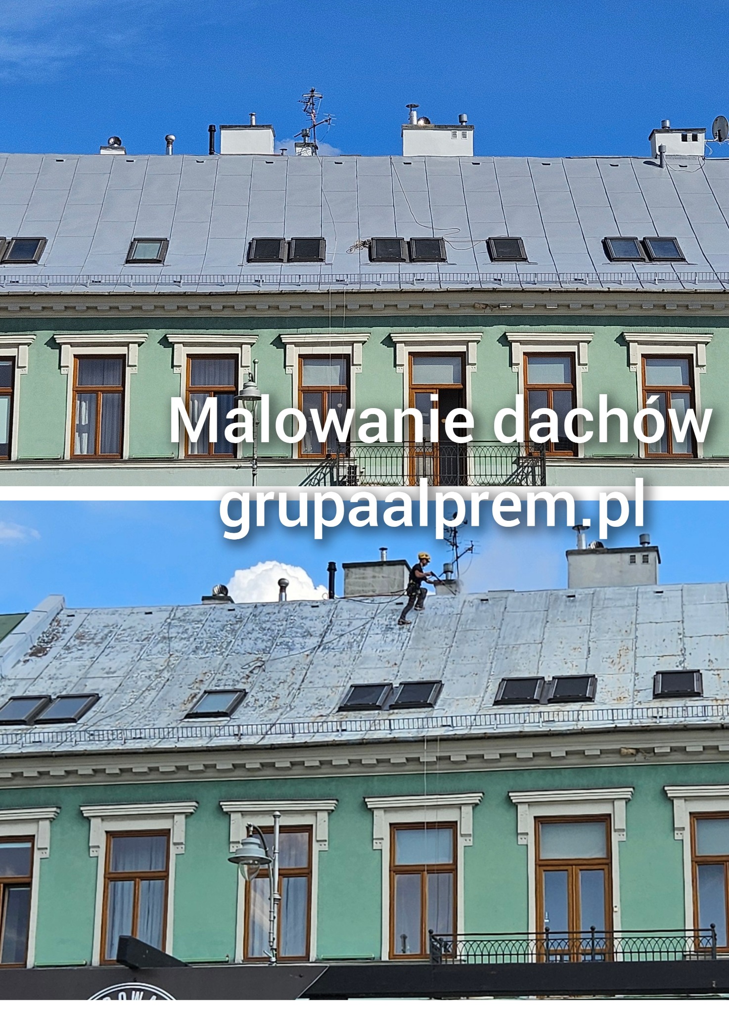 Pracownik w uprzęży, z dyszą w dłoni, czyści metalowy dach kamienicy z licznymi oknami dachowymi, na tle błękitnego nieba.