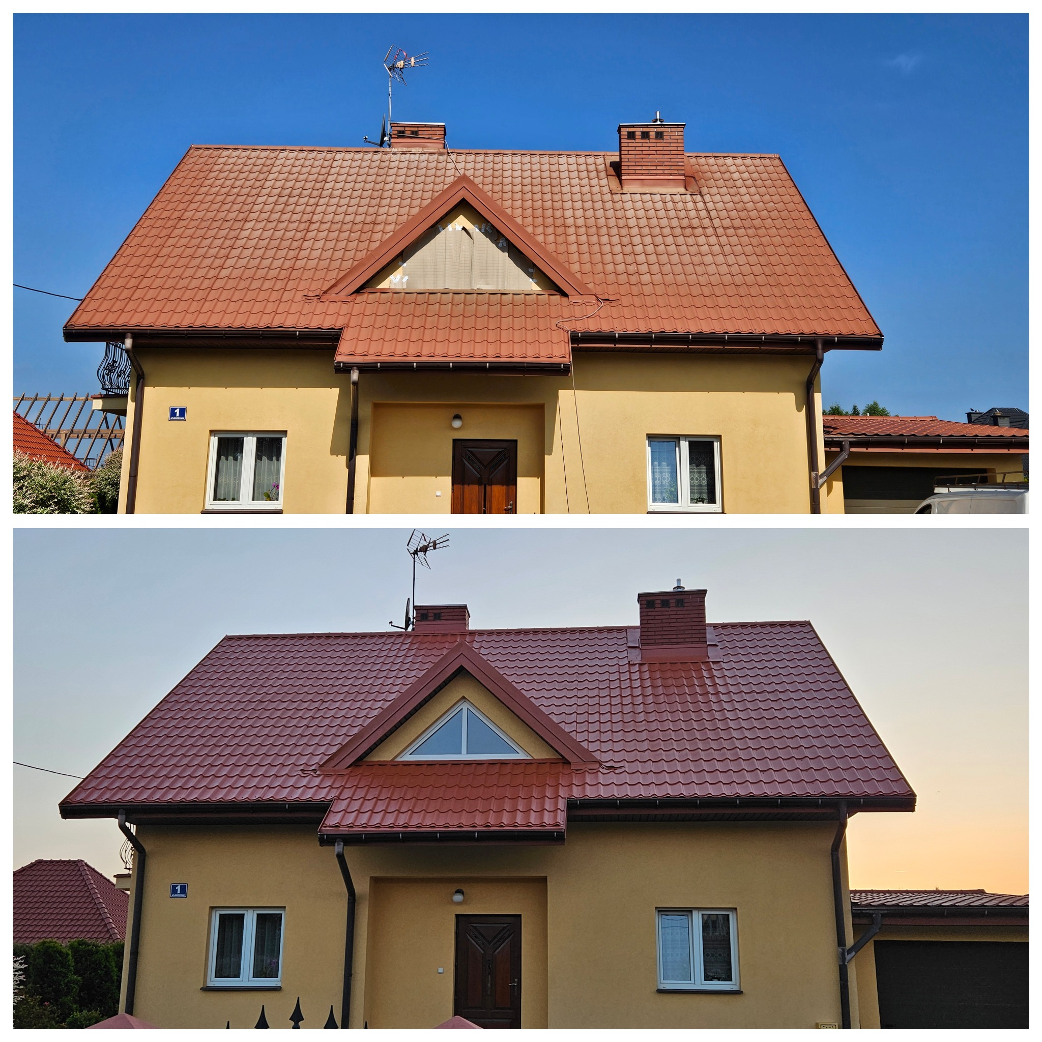Dom jednorodzinny z nowym, błyszczącym dachem z blachodachówki w odcieniach czerwieni, widoczny przed i po renowacji, z anteną na kominie i fragmentem okna dachowego w kształcie trójkąta.