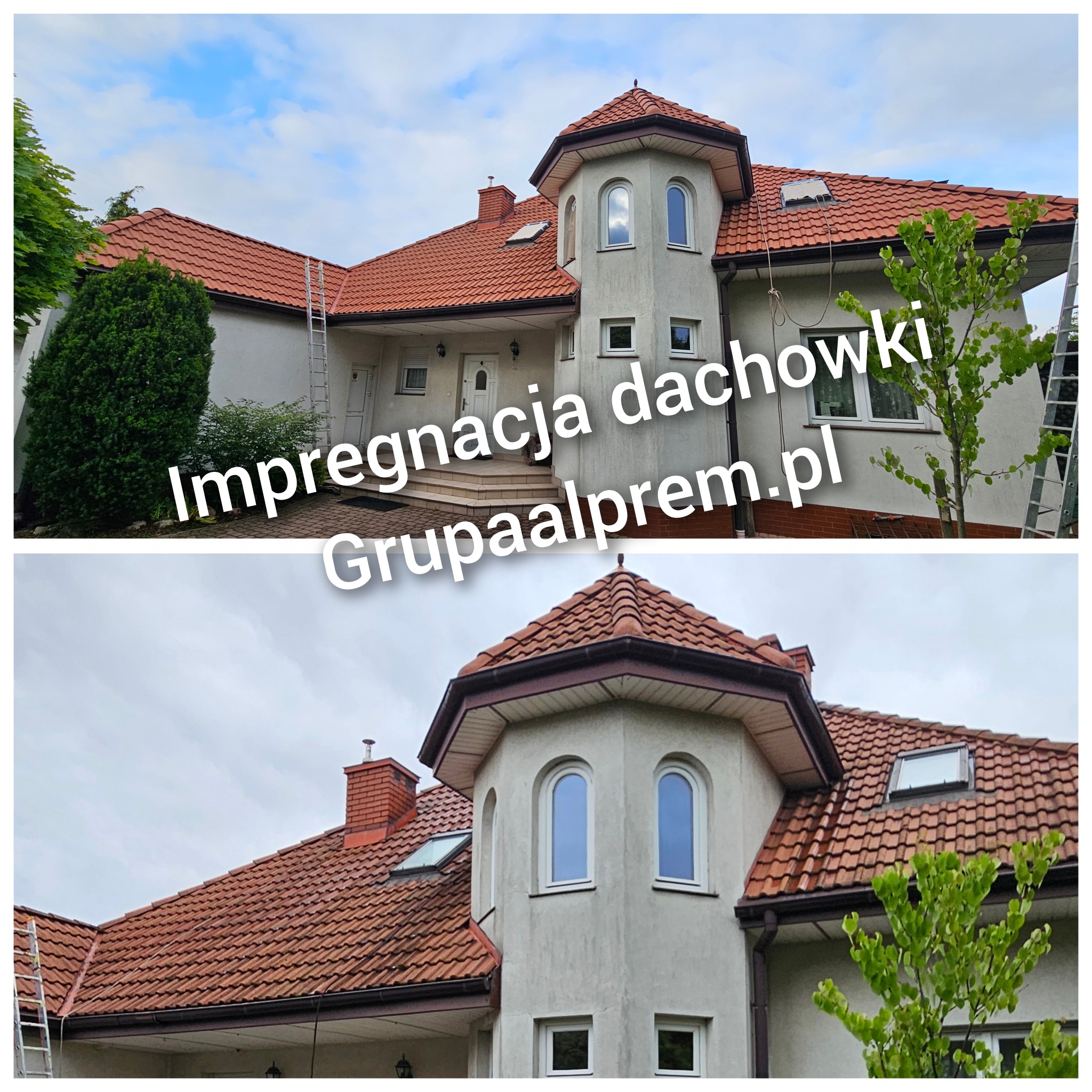 Dwukadrowa prezentacja domu z czerwoną dachówką po renowacji, widoczna drabina oparta o ścianę, zieleń wokół budynku i tekst reklamowy nałożony na zdjęcie.