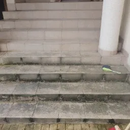 Zanieczyszczone schody wejściowe z kolumnami, na których leży szczotka do czyszczenia, widoczny fragment miotły.