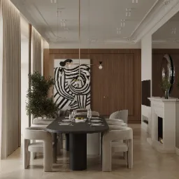 Elegancka jadalnia z ciemnym, owalnym stołem otoczonym beżowymi krzesłami o zaokrąglonych kształtach, z dekoracyjnym obrazem w tle i kominkiem po prawej stronie, oświetlona wiszącą lampą...