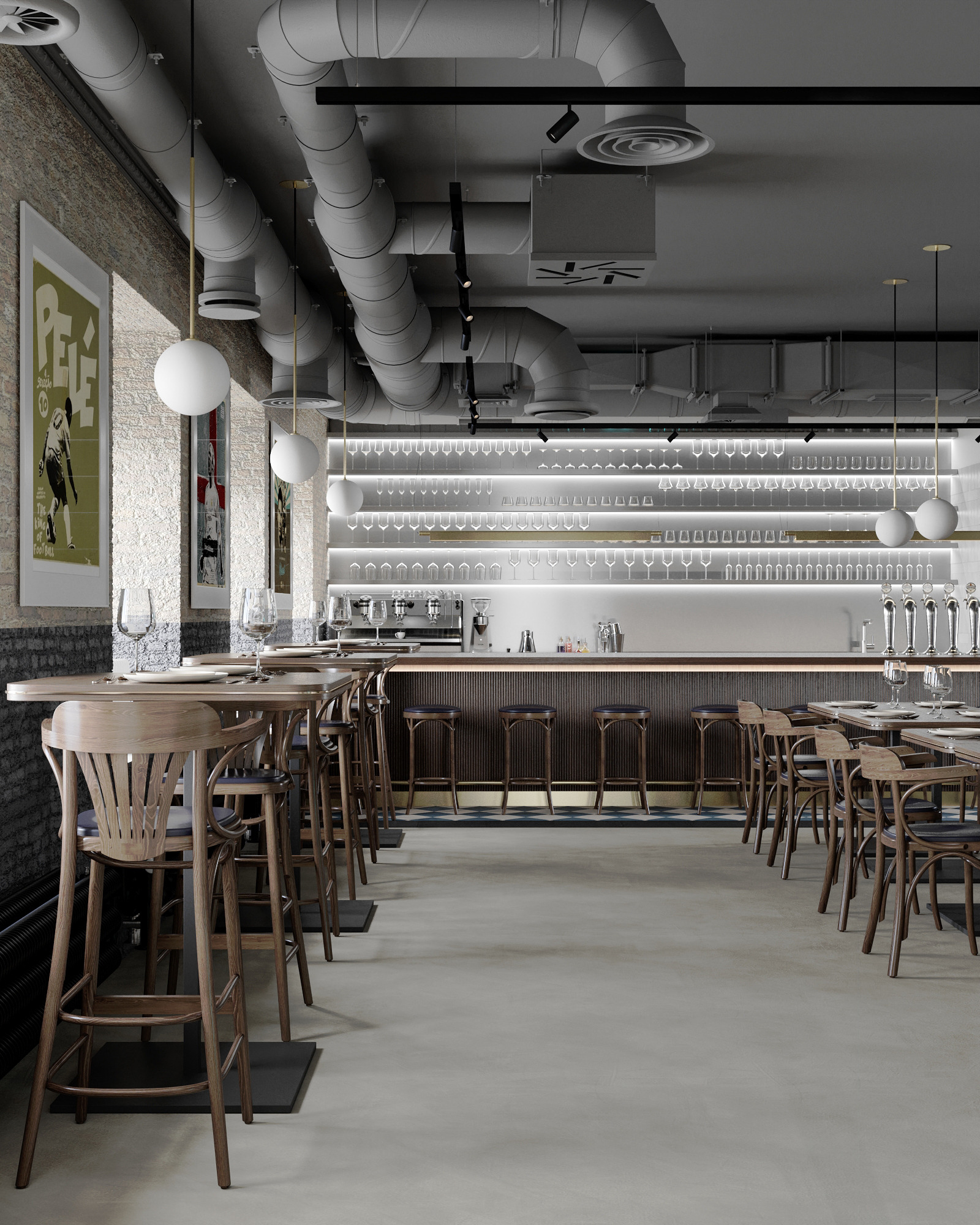 Wnętrze baru lub restauracji z ceglaną ścianą, drewnianymi krzesłami i stołami, oświetleniem punktowym i dekoracyjnymi rurami wentylacyjnymi pod sufitem.